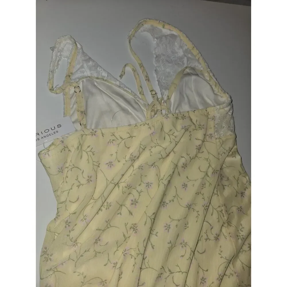 Kirious Los Angeles XL Yellow Floral Lace Maxi Dress Cottagecore Coquette Slit